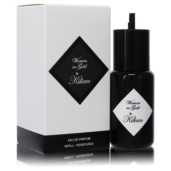 A bottle of Woman In Gold Eau De Parfum Refill 1.7 Oz For Women with a box next to it.
