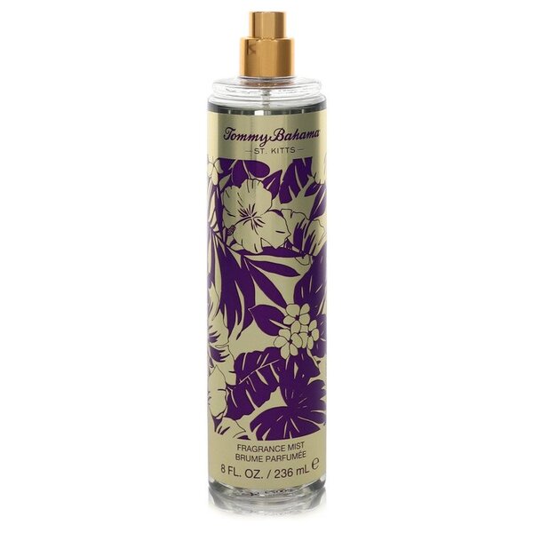 A bottle of Tommy Bahama St. Kitts Fragrance Mist (tester) 8 Oz For Women with purple flowers on it.