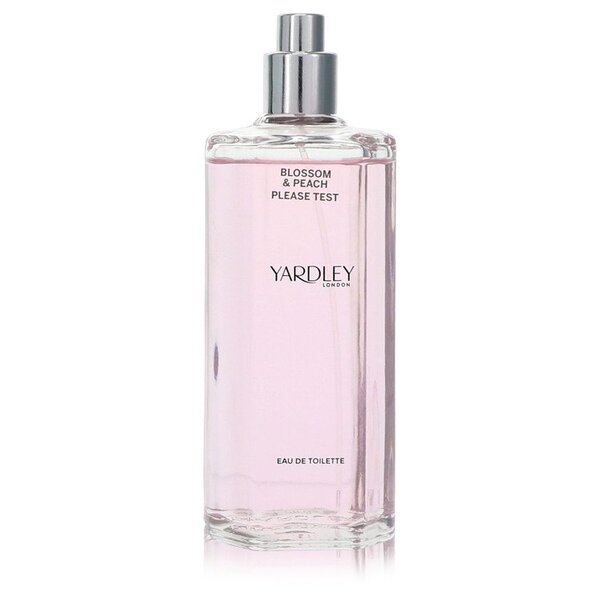 A mesmerizing bottle of Yardley Blossom & Peach Eau De Toilette Spray (tester) 4.2 Oz For Women, showcasing the essence of womanhood, set against a pristine white background.