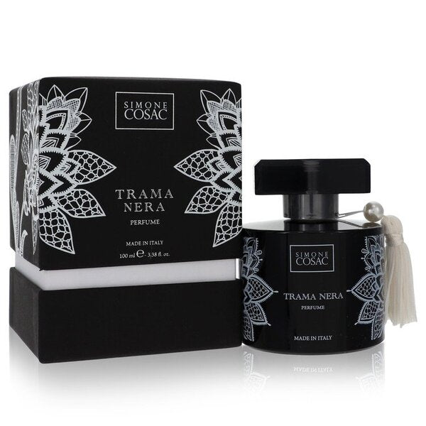 Simone Cosac Profumi presents a captivating bottle of their Trama Nera Perfume Spray 2 Oz For Women, featuring a delicate tassel. A blend of floral and oriental notes creates an irresistible fragrance that exudes
