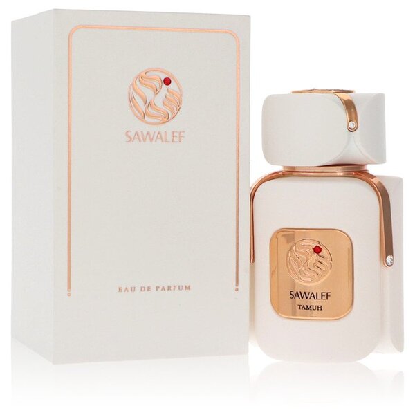 A bottle of Tamuh Eau De Parfum Spray (unisex) 2.7 Oz For Women in front of a box.