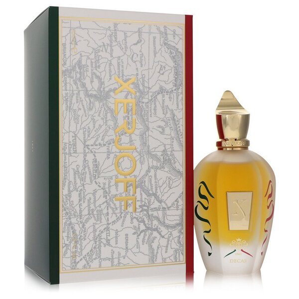 A luxurious Xj 1861 Decas Eau De Parfum Spray (unisex) 3.4 Oz For Men fragrance bottle displayed in front of a box.