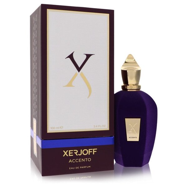 A bottle of Xerjoff Accento Eau De Parfum Spray (unisex) 3.4 Oz For Women in a purple box.