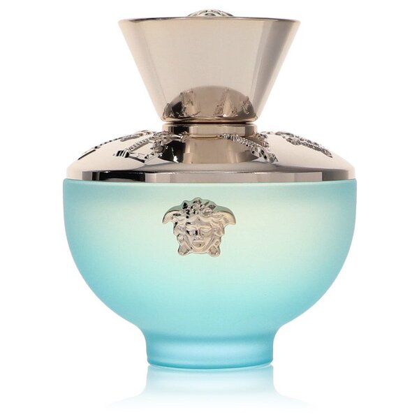 A Versace Pour Femme Dylan Turquoise Eau De Toilette Spray (tester) 3.4 Oz For Women bottle with a silver lid.