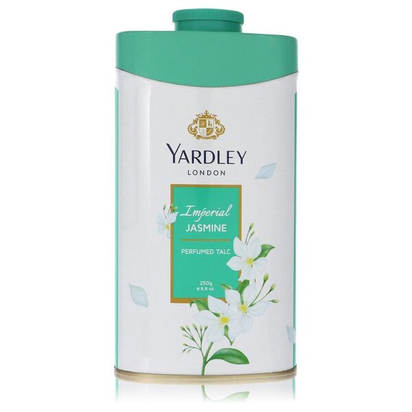 A bottle of Yardley Imperial Jasmine Perfumed Talc 8.8 Oz For Women with green leaves.