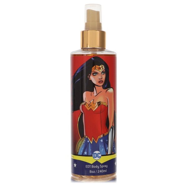 A bottle of Wonder Woman Body Spray 8 Oz For Women.