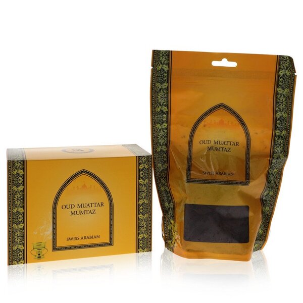 A package of black tea infused with Swiss Arabian Oud Muattar Mumtaz Incense (unisex) 3.4 Oz For Women, and a bag of black tea.