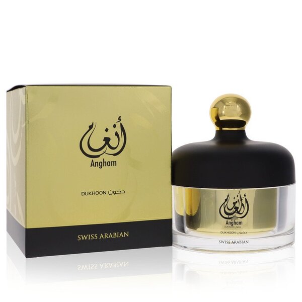 A Swiss Arabian Angham Dukhoon Incense (unisex) 3.3 Oz For Men, packaged in a gold box.