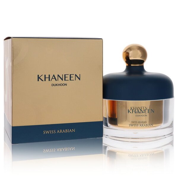 A bottle of Swiss Arabian Dukhoon Khaneen Incense (unisex) 3.3 Oz For Men in front of a box.
