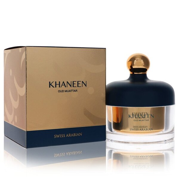 A box of Swiss Arabian's Oud Muattar Khaneen Incense (unisex) 1.7 Oz for Men, with a bottle of khaneen perfume displayed prominently in front.