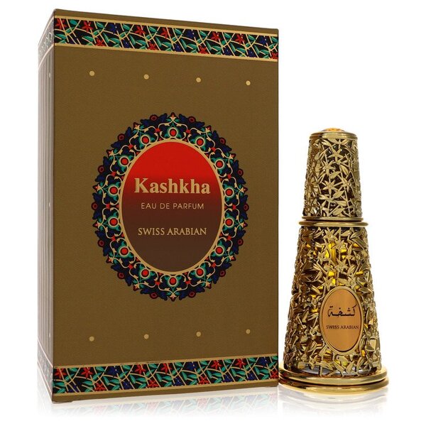 A bottle of Swiss Arabian Kashkha Eau De Parfum Spray (unisex) 1.7 Oz For Men with a box next to it.