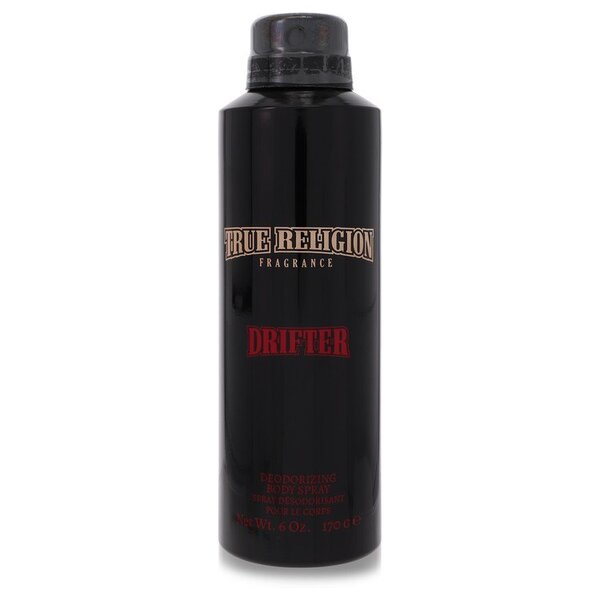 A True Religion Drifter Deodorant Spray 6 Oz For Men bottle with a red label on it.