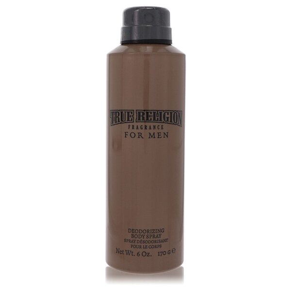 A brown bottle of True Religion Deodorant Spray 6 Oz For Men with scents.