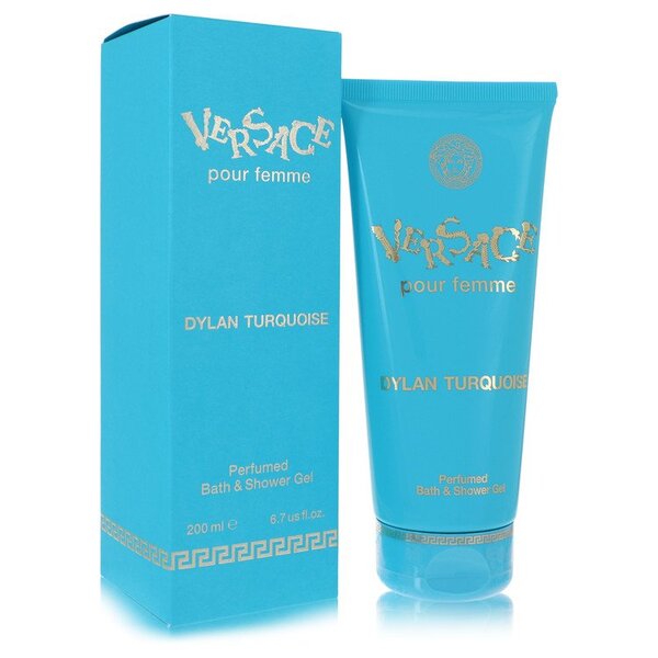 A tube of Versace Pour Femme Dylan Turquoise Shower Gel 6.7 Oz in a blue box, perfect for a summer day.