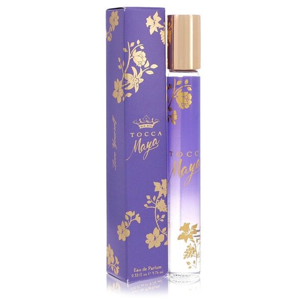 A bottle of purple and gold Tocca Maya Mini Edp 0.33 Oz perfume with a box next to it. This exquisite Tocca Maya Mini Edp 0.33 Oz perfume embodies the essence of powdery florals and chypre floral fragrance.
