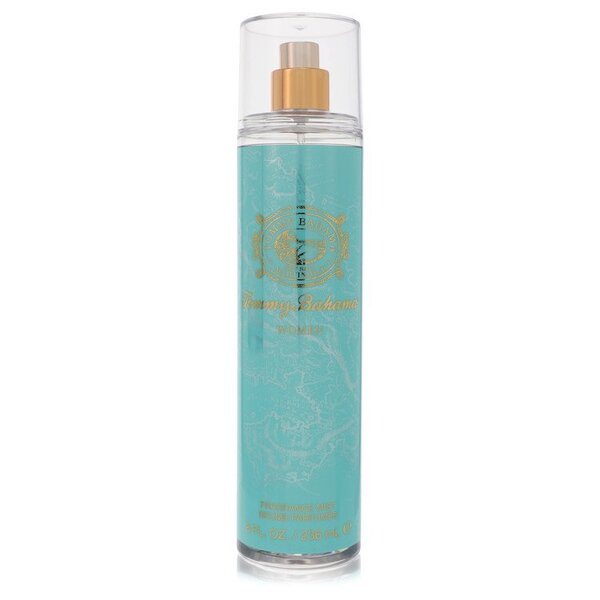 A Tommy Bahama Set Sail Martinique Fragrance Mist 8 Oz For Women with a blue and gold lid, inspired by Caribbean fragrance.