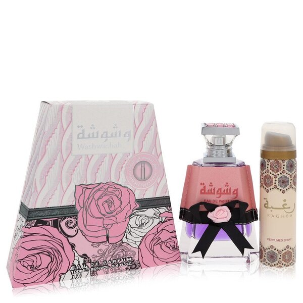 A Women's Washwashah Eau De Parfum Spray Plus 1.7 Oz Deodorant 3.4 Oz featuring pink roses and packaged in a box.