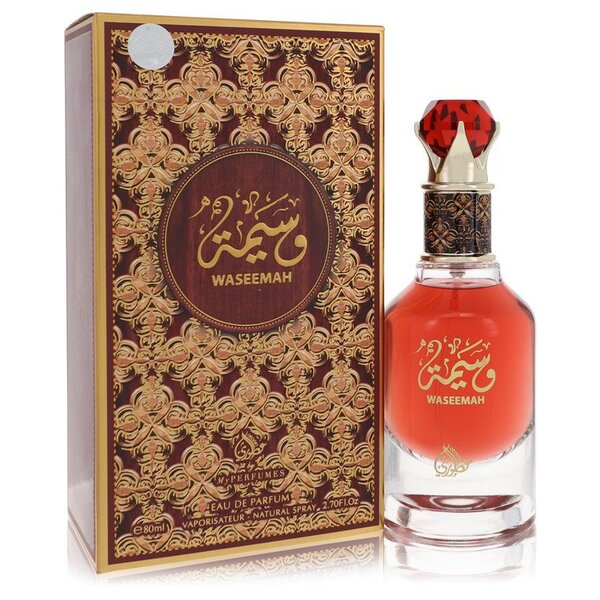 A 2.7 oz bottle of Waseemah Eau De Parfum Spray (unisex) for Men with a box next to it.