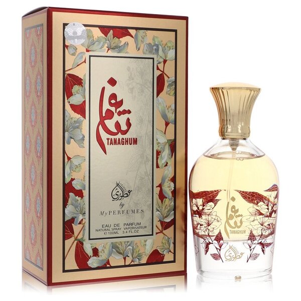A 3.4 oz bottle of Tanaghum Eau De Parfum Spray (unisex) with a box in front of it.