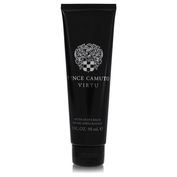 A tube of Vince Camuto Virtu After Shave Balm 3 Oz For Men with a spicy, leathery scent on a white background.