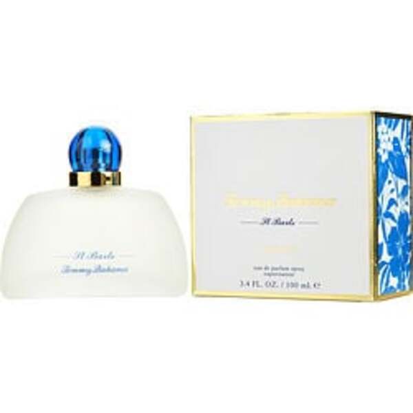 A box with a blue lid and a bottle of Tommy Bahama Set Sail St Barts By Tommy Bahama Eau De Parfum Spray 3.4 Oz For Women perfume.