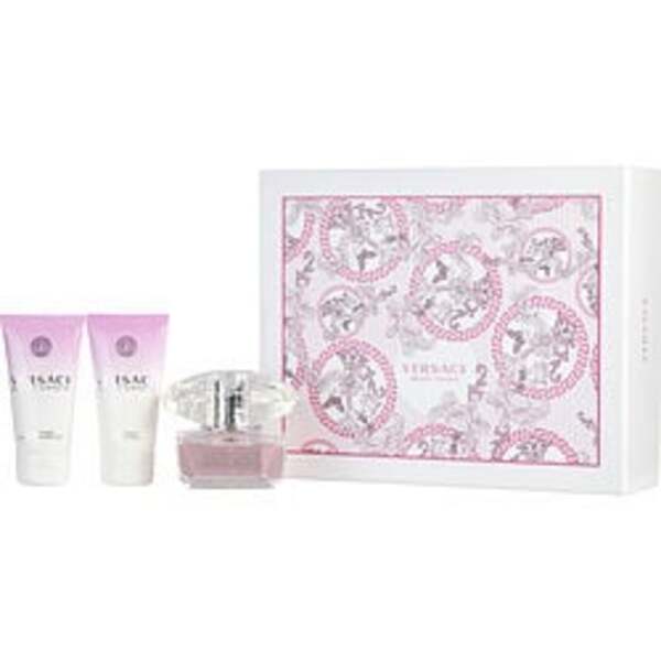 A pink gift set with the Versace Bright Crystal By Gianni Versace Edt Spray 1.7 Oz & Body Lotion 1.7 Oz & Shower Gel 1.7 Oz For Women perfume.