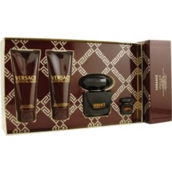 A gift set with a bottle of Versace Crystal Noir By Gianni Versace Edt Spray 3 Oz & Body Lotion 3.4 Oz & Shower Gel 3.4 Oz & Edt 0.17 Oz Mini For Women and a tube of perfume, also including a body lotion.