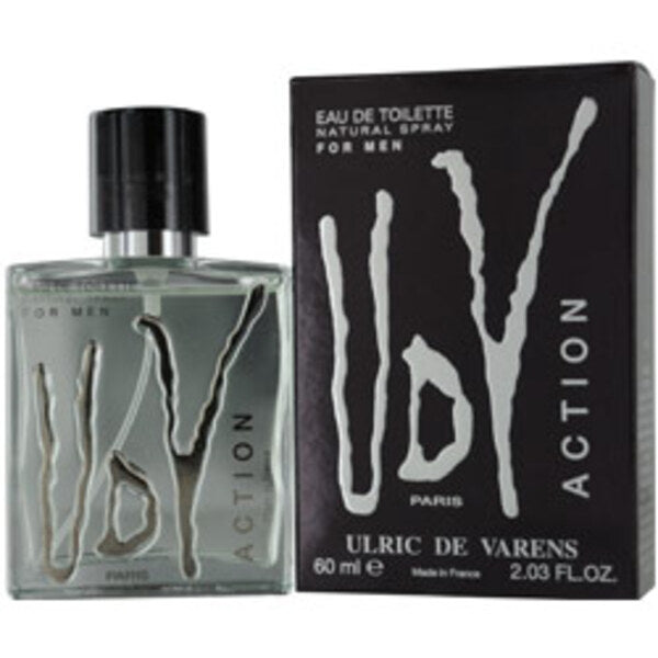 A box containing a bottle of Udv Action By Ulric De Varens Edt Spray 2 Oz For Men with fragrance notes.