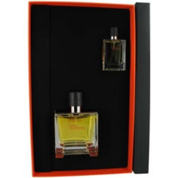 A Terre D'hermes By Hermes Parfum Spray 2.5 Oz & Parfum Spray 0.42 Oz Mini For Men in an orange box.