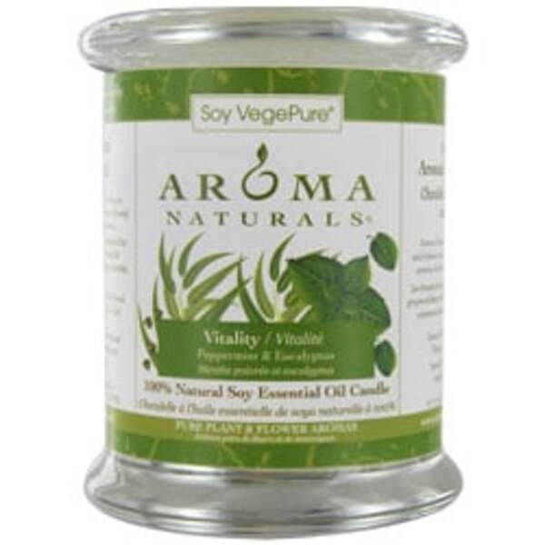 A jar of Vitality Aromatherapy eucalyptus-scented candle.