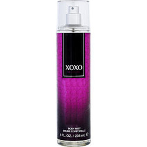 A bottle of Xoxo Mi Amore By Victory International Body Mist 8 Oz For Women spray on a white background.