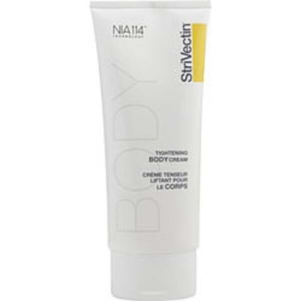 A Strivectin By Strivectin tube of tightening body cream on a white background.