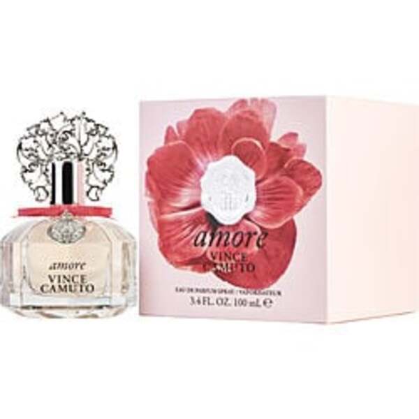A Vince Camuto Amore By Vince Camuto Eau De Parfum Spray 3.4 Oz For Women bottle with a floral fragrance note on it.