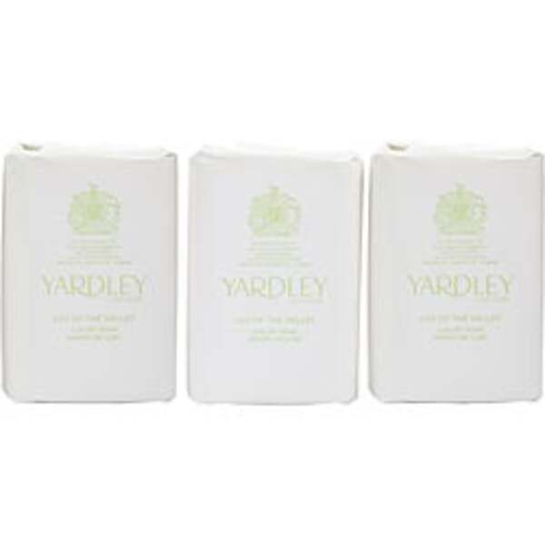 Three boxes of Yardley By Yardley Lily Of The Valley Luxury Soaps 3 X 3.5 Oz Each (new Packaging) For Women on a white background.
