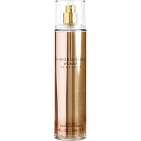 A Unforgivable Woman By Sean John body mist spray in a gold bottle, perfect for women.