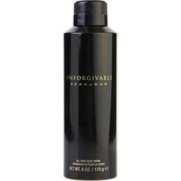 A black spray bottle with a black label, containing Unforgivable By Sean John Body Spray 6 Oz For Men.