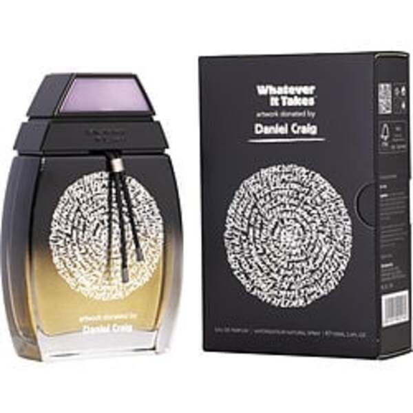 A box of Whatever It Takes Daniel Craig By Whatever It Takes Eau De Parfum Spray 3.4 Oz For Men with a bottle of perfume in front, designed by MENDesigner for the Whatever It Takes collection.