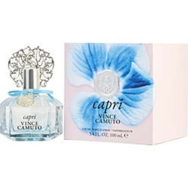 A bottle of Vince Camuto Capri By Vince Camuto Eau De Parfum Spray 3.4 Oz For Women with a blue flower on it, by Vince Camuto.