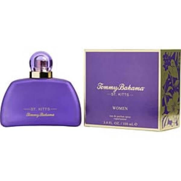 A bottle of purple Tommy Bahama St Kitts By Tommy Bahama Eau De Parfum Spray 3.4 Oz For Women with a purple box.