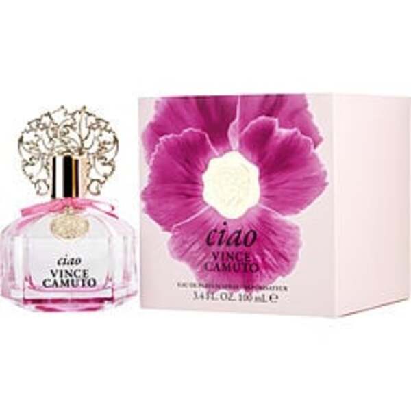 A bottle of Vince Camuto Ciao By Vince Camuto Eau De Parfum Spray 3.4 Oz For Women with a pink flower.