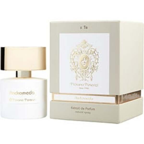 A Tiziana Terenzi Andromeda By Tiziana Terenzi Extrait De Parfum Spray 3.3 Oz For Anyone, with fragrance notes, accompanied by a box before it.