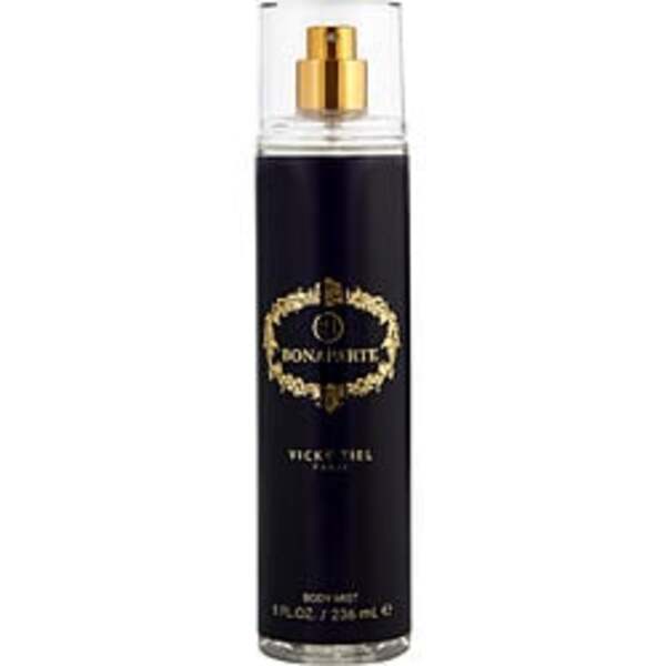A bottle of Vicky Tiel 21 Bonaparte By Vicky Tiel Body Spray 8 Oz For Women with fragrance notes on a white background.