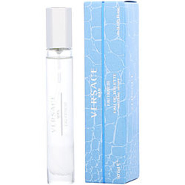 A Versace Man Eau Fraiche By Gianni Versace Edt Spray 0.3 Oz Mini For Men with a box next to it, featuring captivating fragrance notes.
