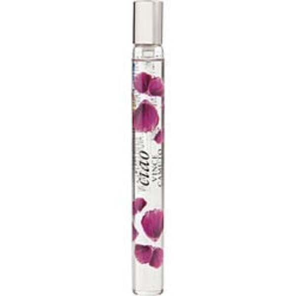 A Vince Camuto Ciao Parfum Spray 0.34 Oz Spray Mini (unboxed) for Women, adorned with purple flowers.