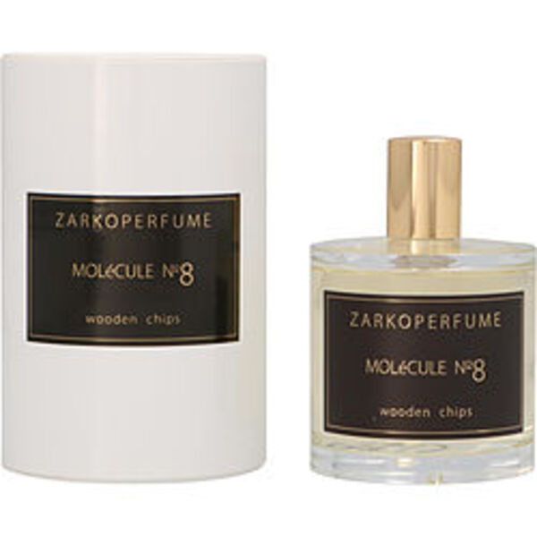 A 3.4 oz bottle of Zarkoperfume Molecule No.8, an Eau de Parfum spray, in front of a white box.