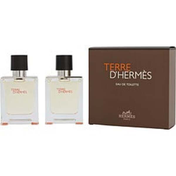 Two bottles of Terre D'hermes by Hermes EDT spray 1.6 oz, featuring fragrance notes and EDT spray.