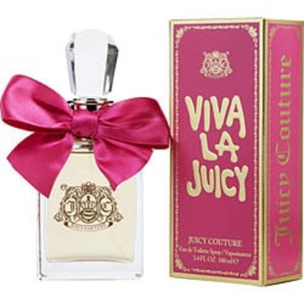 A Viva La Juicy By Juicy Couture Edt Spray 3.4 Oz For Women bottle of Juicy Couture viva la juicy perfume with a pink bow.