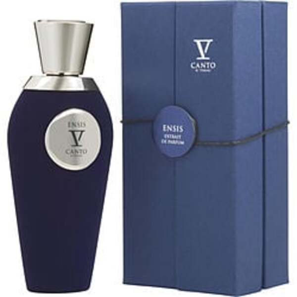 A bottle of V Canto Ensis By V Canto Extrait De Parfum Spray 3.4 Oz For Anyone blue perfume with a box next to it.