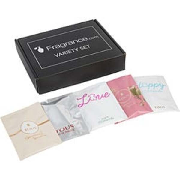 A black box with a variety of women's items, including a Tous Variety By Tous 5 Piece Vial Variety Set with Tous Floral Touch & Tous Happy Moments & Tous Love & Tous Sensual Touch & Tous For Women.