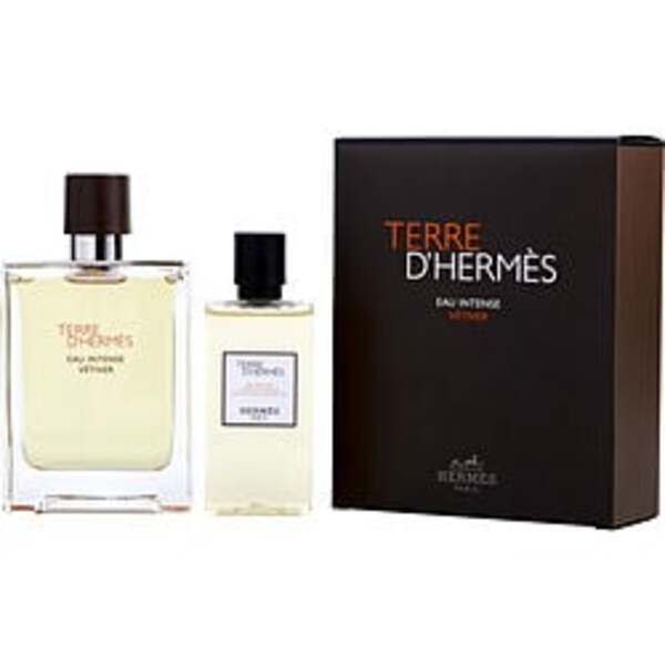 A bottle of Terre D'hermes Eau Intense Vetiver By Hermes Eau De Parfum spray and a box.